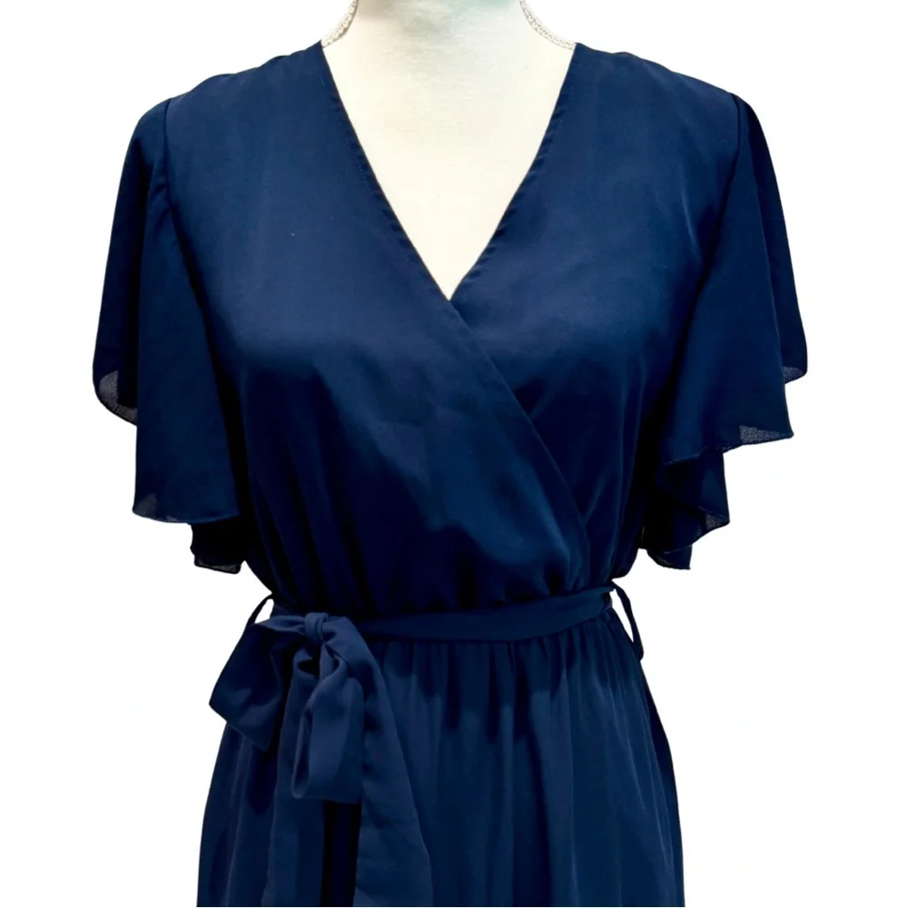 NWOT Navy Blue Flowy Midi Dress | Ruffle Sleeves + Elastic Waist (M) - Picture 7 of 13